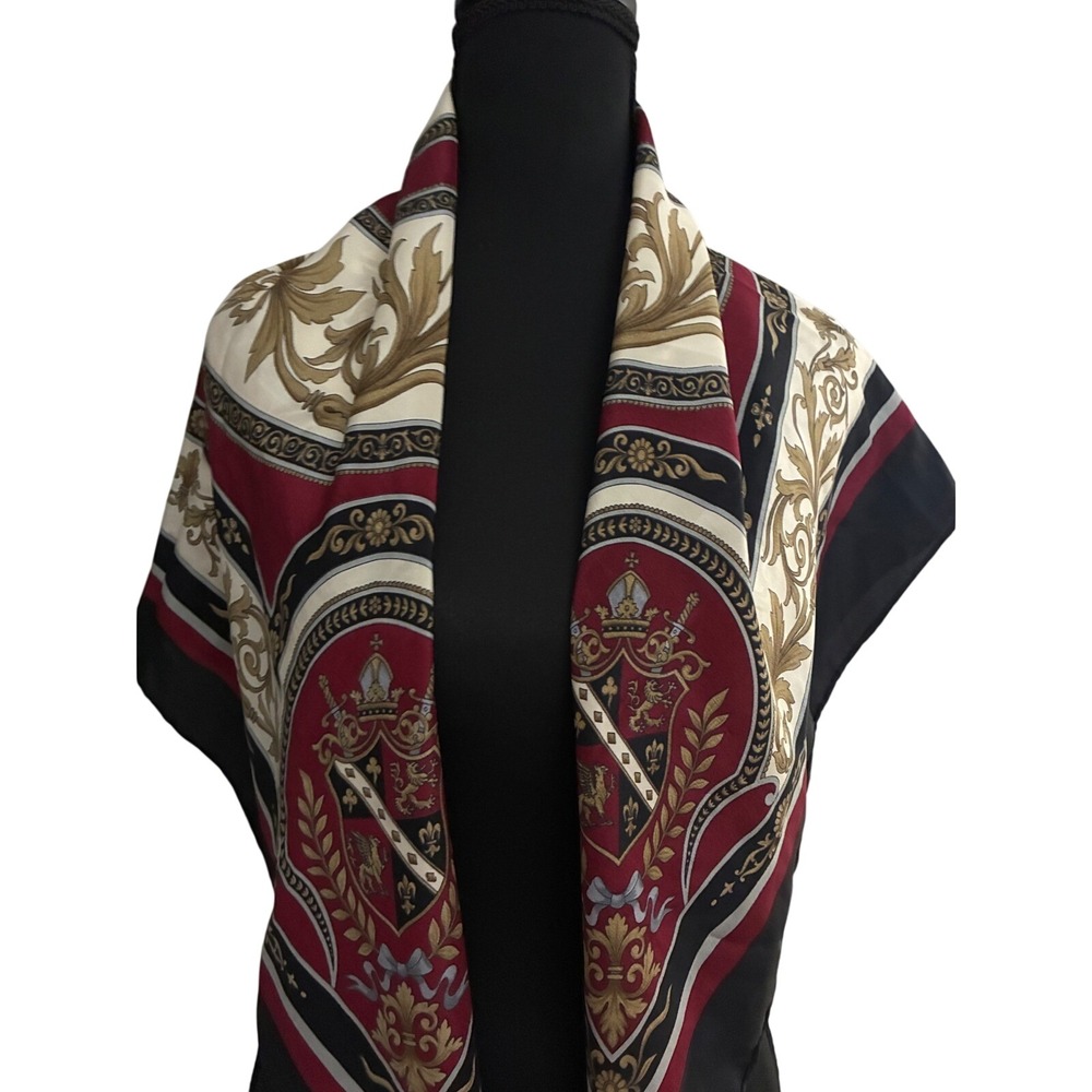 Square Scarf Women OS Burgundy Black Gold Crest Scrollwork Baroque